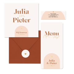 Moderne trouwkaarten met oranje boog en goudfolie