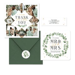 Trouwkaarten set eucalyptus stijlvol hip modern hartjes goud romantisch