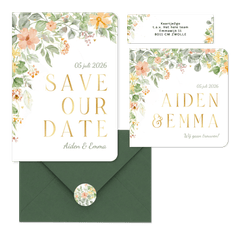 Trouwen bloemen links romantisch en goudfolie