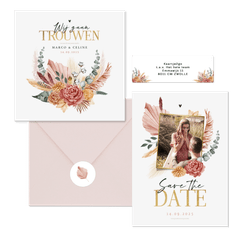 Trouwset met geschilderde roze droogbloemen 