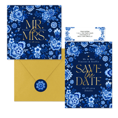 Trouwset Delftsblauw donker goud bloemen