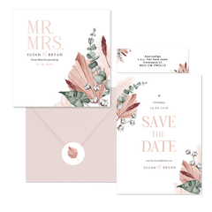 Trouwset droogbloemen roze geschilderd