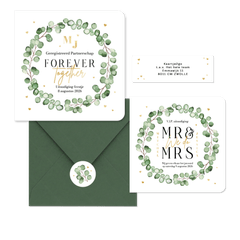 Trouwkaarten set eucalyptus stijlvol hip modern hartjes goud romantisch