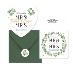 Trouwkaarten set eucalyptus stijlvol hip modern hartjes goud romantisch