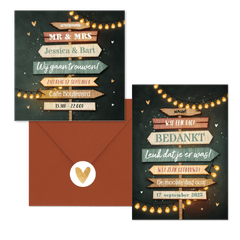 Trouwkaarten set festival wegwijzers hout lampjes