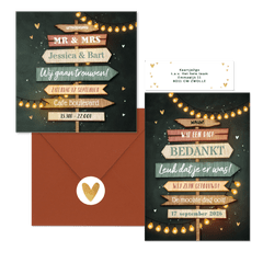 Trouwkaarten set festival wegwijzers hout lampjes