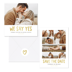 Moderne trouwset fotocollage goud met iconen
