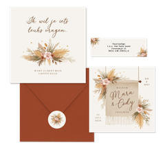 Trouwkaarten romantisch bohemian droogbloemen en gras