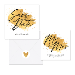 Trouwkaartenset met gouden verf en hartjes