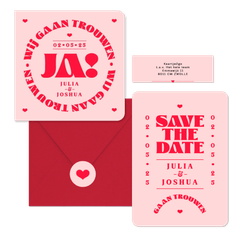 Trouwkaarten set modern typografisch romantisch hip roze rood