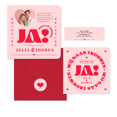 Trouwkaarten set modern typografisch romantisch hip roze rood