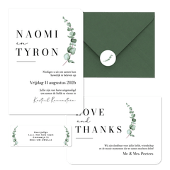 Trouwkaarten set klassiek stijlvol eucalyptus waterverf grafisch