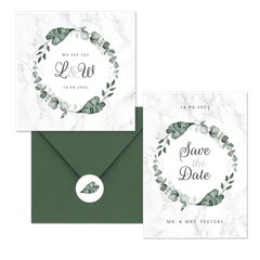 Trouwkaarten marmer en eucalyptus bladeren