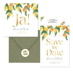 Trouwkaarten mediterrane zomer citroenen mandarijnen fris waterverf goud