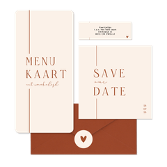 Trouwset minimalistische beige met terracotta lijn