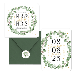 Trouwkaarten set eucalyptus stijlvol hip modern hartjes goud romantisch