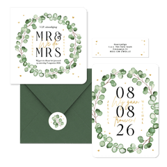 Trouwkaarten set eucalyptus stijlvol hip modern hartjes goud romantisch