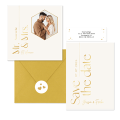 Trouwkaarten set tijdloos stijlvol goud typografisch