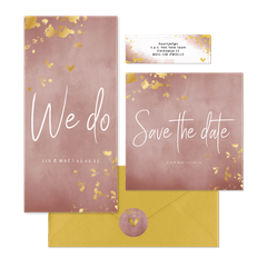 Trouwset oud roze waterverf en spetters goud