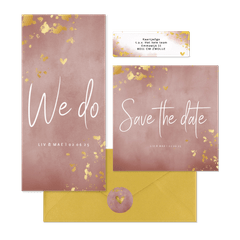 Trouwset oud roze waterverf en spetters goud