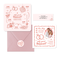 Trouwkaarten hip romantisch doodle illustraties roze