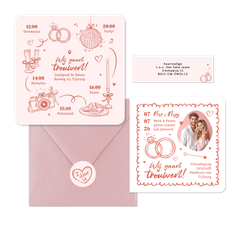 Trouwkaarten hip romantisch doodle illustraties roze