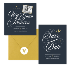 Chique kalligrafie trouwkaarten set met goud