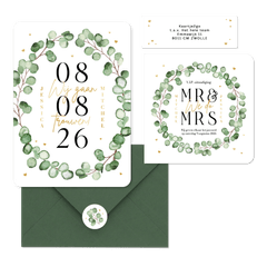 Trouwkaarten set eucalyptus stijlvol hip modern hartjes goud romantisch