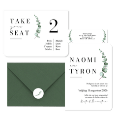 Trouwkaarten set klassiek stijlvol eucalyptus waterverf grafisch