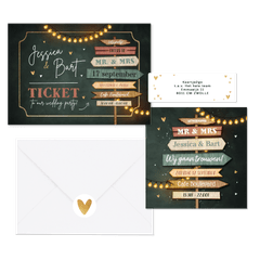 Trouwkaarten set festival wegwijzers hout lampjes