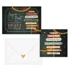 Trouwkaarten set festival wegwijzers hout lampjes