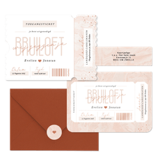 Trouwkaarten set met tickets op roze marmer