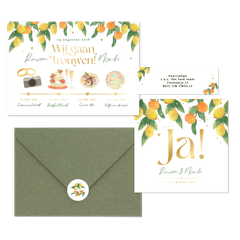 Trouwkaarten mediterrane zomer citroenen mandarijnen fris waterverf goud