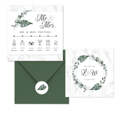 Trouwkaarten marmer en eucalyptus bladeren