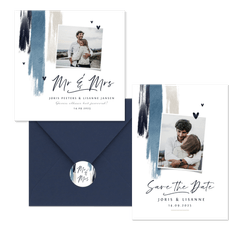 Trouwkaarten set met blauwe verf en hartjes