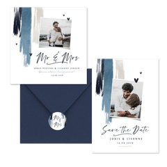 Trouwkaarten set met blauwe verf en hartjes