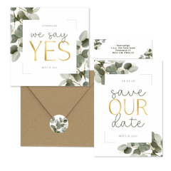 Trouwkaartenset eucalyptus met kader en goud