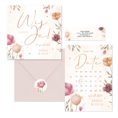 Trouwset waterverf bloemen en koperen hartjes