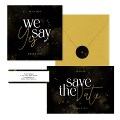 Stijlvolle trouwset zwart en goud met waterverf 