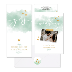 Waterverf trouwkaartenset in pastel groen met hartjes
