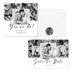 Trouwset zwart wit met koraal illustraties