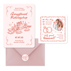 Trouwkaarten hip romantisch doodle illustraties roze