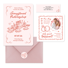 Trouwkaarten hip romantisch doodle illustraties roze