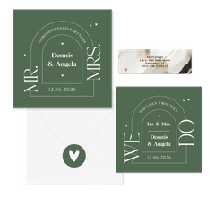 Trouwset grafisch olijfgroen boog hartjes