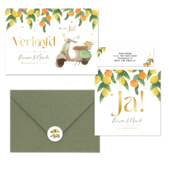 Trouwkaarten mediterrane zomer citroenen mandarijnen fris waterverf goud