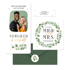 Trouwkaarten set eucalyptus stijlvol hip modern hartjes goud romantisch