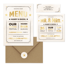 Moderne trouwset ticket vintage stijl met goud