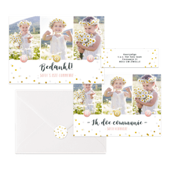 Hippe fotocollage kaarten communie met gouden confetti