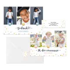 Hippe fotocollage kaarten communie met gouden confetti