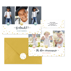 Hippe fotocollage kaarten communie met gouden confetti